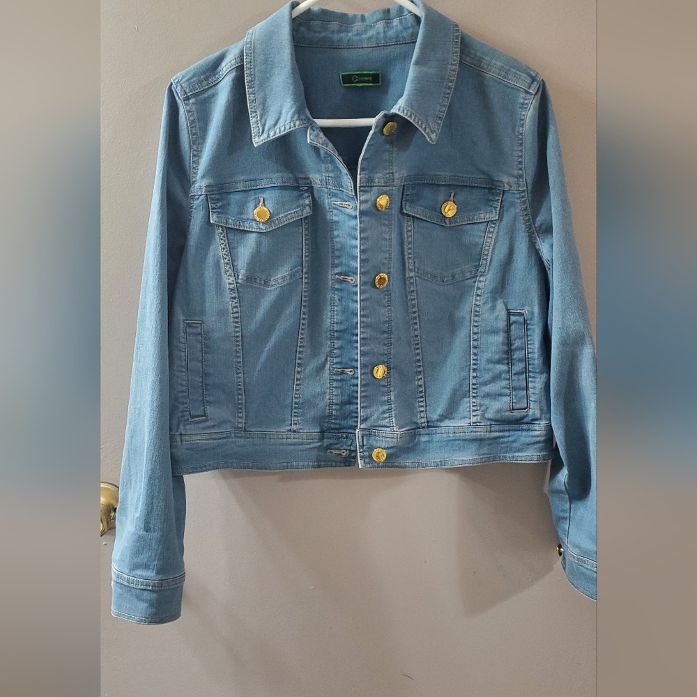 Classic Stylish Blue Denim Crop Jacket. Gold Accent Buttons. Sz L? - Picture 3 of 8